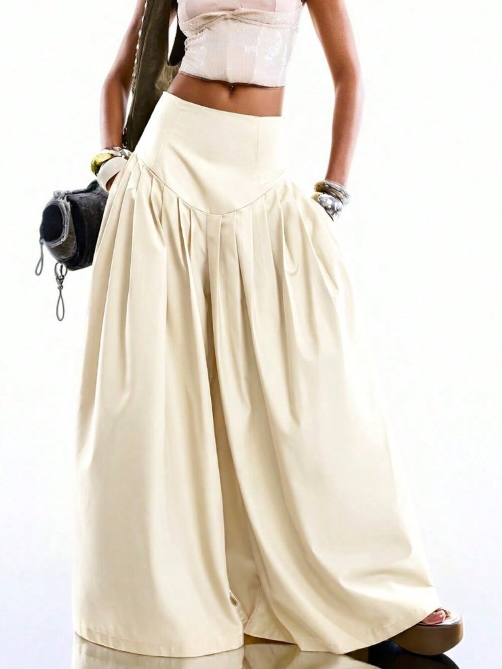 Beige Casual Women's Minimalist Pleated Wide-Leg Pants - Picture 5 of 6